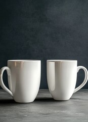 Obraz premium Two white coffee mugs on a dark wooden table with a dark grey background.