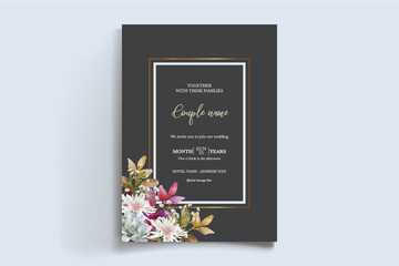 WEDDING INVITATION FRAME WITH FLOWER DECORATIONS AND FRESH LEAVES