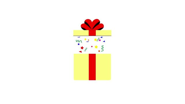 Confetti out of gift box open line 2D object animation. Unwrapped present surprise flat color cartoon 4K video, alpha channel. Birthday, Christmas. Giftbox opening animated item on white background
