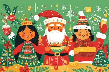 Illustration showing different cultural Christmas celebrations from around the world, including traditional foods, decorations, and attire, capturing the global holiday spirit