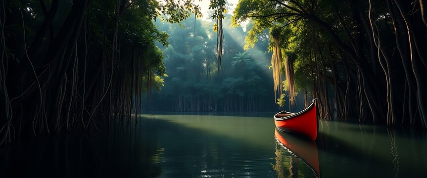 Serene canoe through emerald mangroves forest