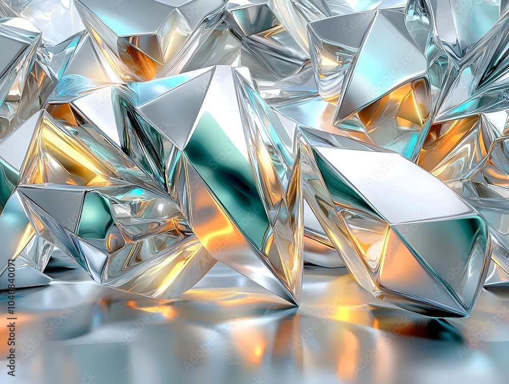 Poster a mesmerizing arrangement of reflective, angular crystal shapes illuminated with warm hues, creating