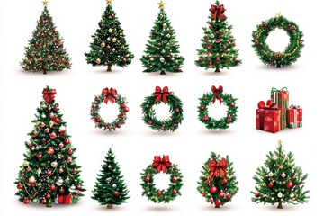 Illustrations of decorated Christmas trees, ornaments, lights, wreaths, and gifts. 