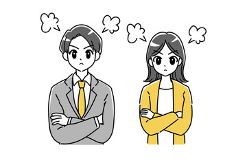 怒りながら腕組みをするビジネスパーソンのイラスト(イエロー、グレー)
