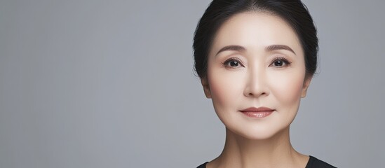 Beauty concept featuring a middle aged Asian woman with natural makeup Skin care Cosmetics Anti aging. with copy space image. Place for adding text or design