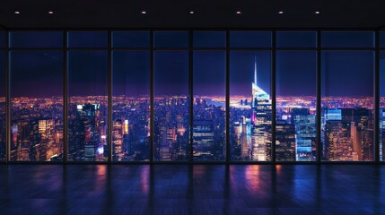 Night skyline viewed from an empty floor, with the city lights reflecting off the urban landscape.