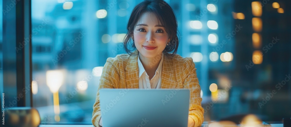 Aufkleber a japanese woman entrepreneur is working with her laptop in the office while smiling aiming to boost
