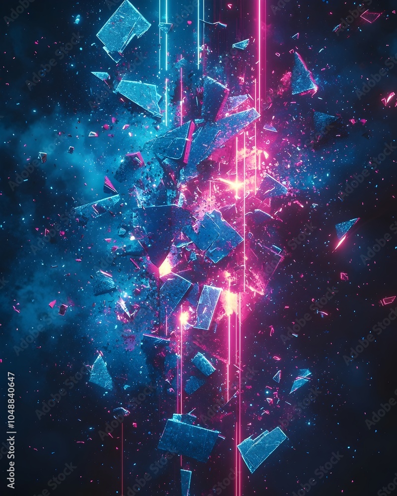 Poster an abstract explosion of colorful shards in shades of blue and pink, set against a dark cosmic backg