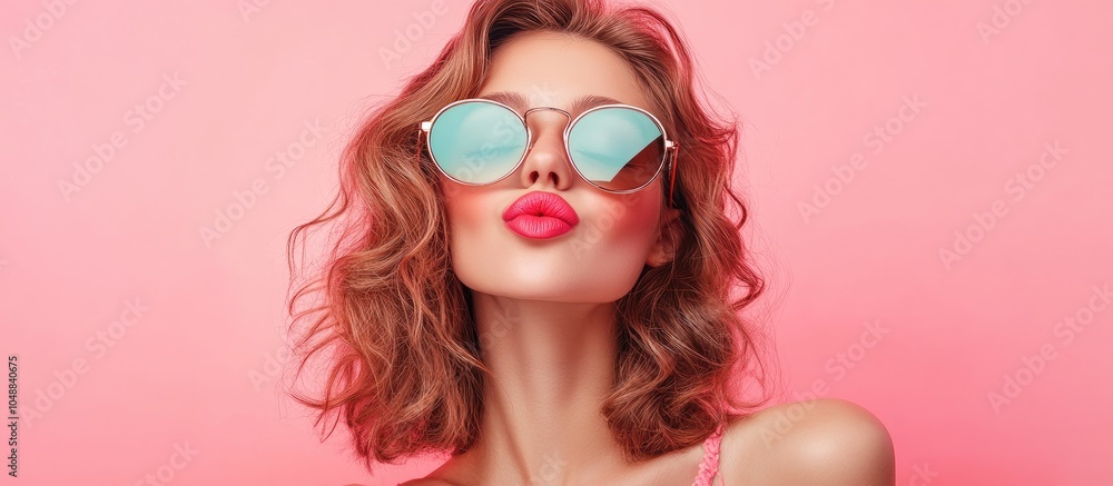Poster attractive young woman in sunglasses sending a kiss against a pink background with space for text. w