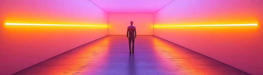 Obraz premium A solitary figure stands in a vibrant, neon-lit corridor, creating an atmosphere of mystery and intrigue.