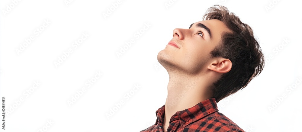 Poster Portrait of a young attractive man gazing upwards Isolated on a white background Creative. with copy space image. Place for adding text or design