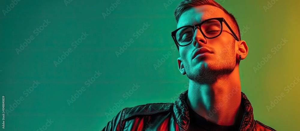 Poster man s portrait featuring glasses showcasing fashionable style and emotion through model poses in dan