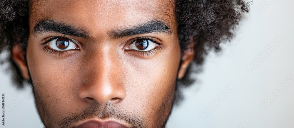Poster the expression of a man of asian descent with brown skin dressed in gray against a white background.