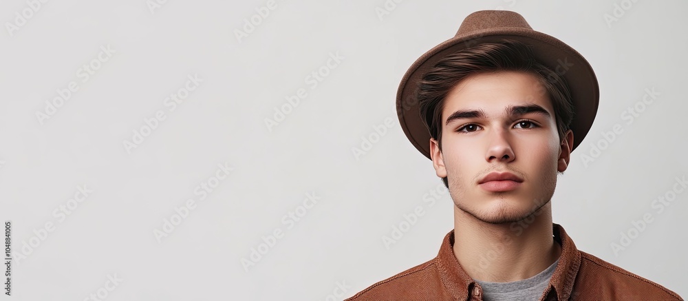 Aufkleber portrait of a young man wearing a hat positioned next to a blank space isolated on a white backgroun