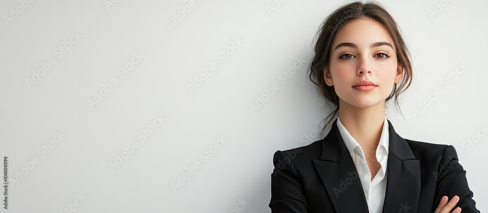 Poster young businesswoman positioned in front of a white wall. with copy space image. place for adding tex