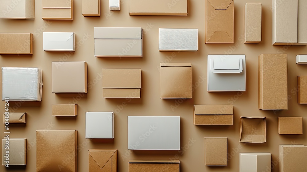 Poster a flat lay of various sized cardboard boxes and envelopes arranged in a pattern on a beige backgroun