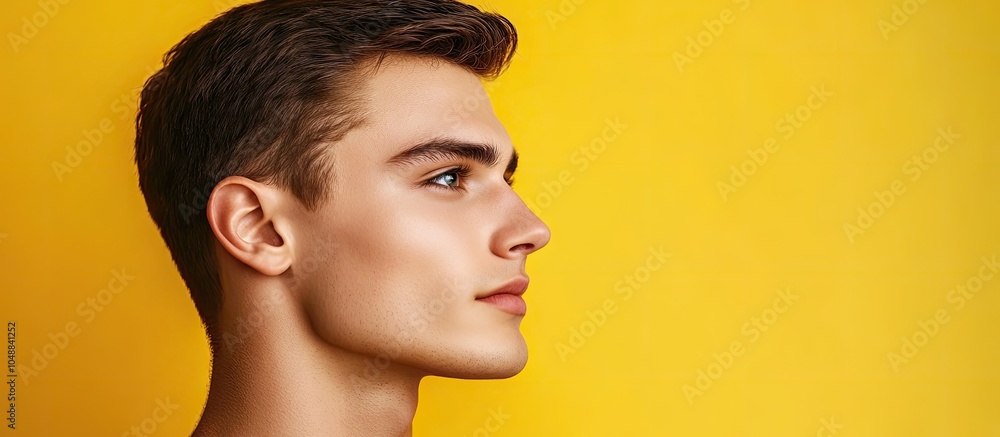 Poster portrait of a young and handsome man gazing to his left set against a yellow background. with copy s
