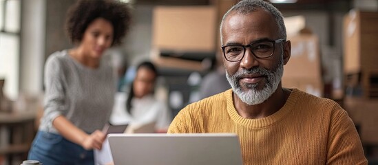 Multiracial individuals collaborating on a humanitarian aid initiative Teamwork in a homeless shelter Diverse volunteers assisting at a community charity donation center Emphasis on a middle aged m