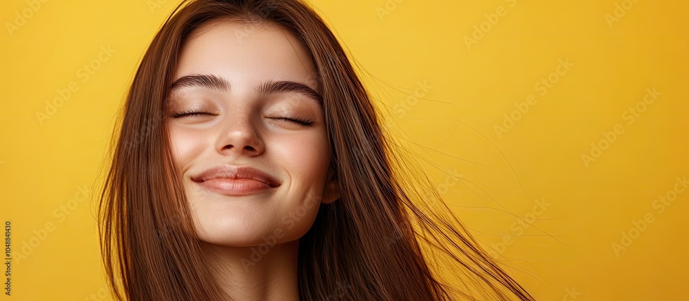 Poster portrait of a joyful and attractive woman with straight brown hair. with copy space image. place for