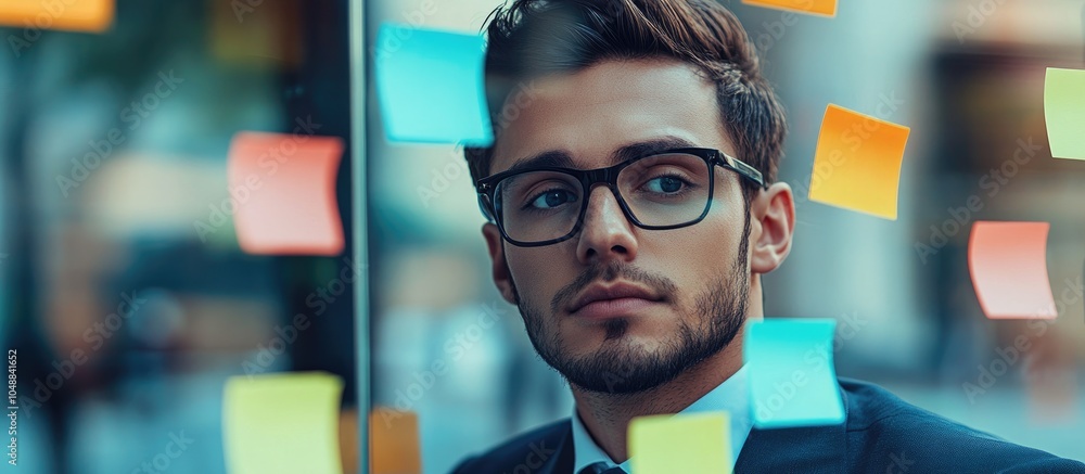 Aufkleber portrait of a successful businessman in his office the man is writing ideas on colorful sticky notes
