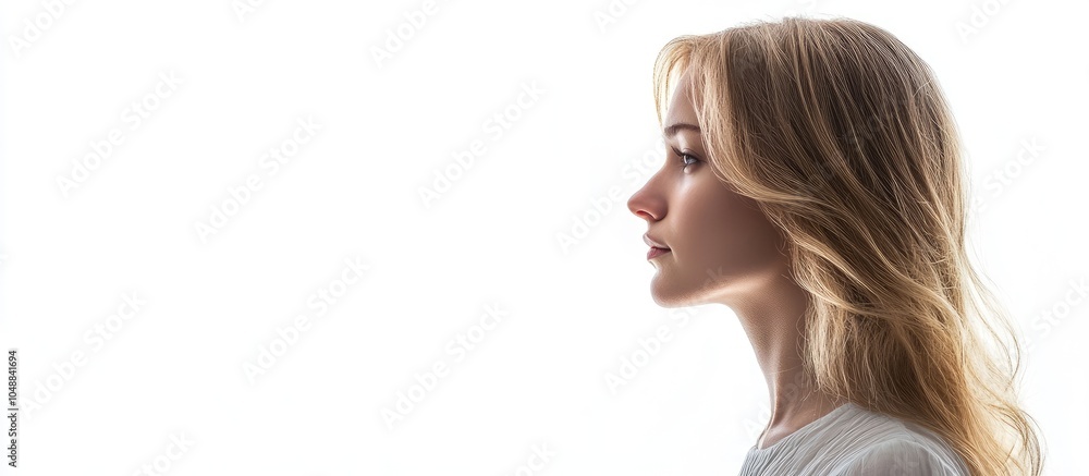 Poster young blonde woman standing in profile against a white background with empty copy space for text sid