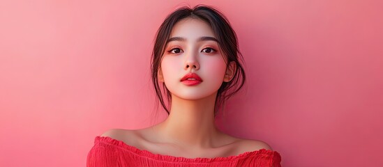 Portrait of a beautiful Asian woman against a pink background embodying a love concept for Valentine s Day. with copy space image. Place for adding text or design