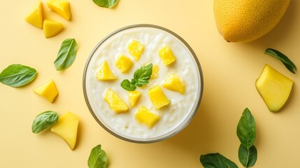 A glass bowl of rice pudding topped with mango chunks and basil leaves, surrounded by mango slices and basil leaves on a yellow background.