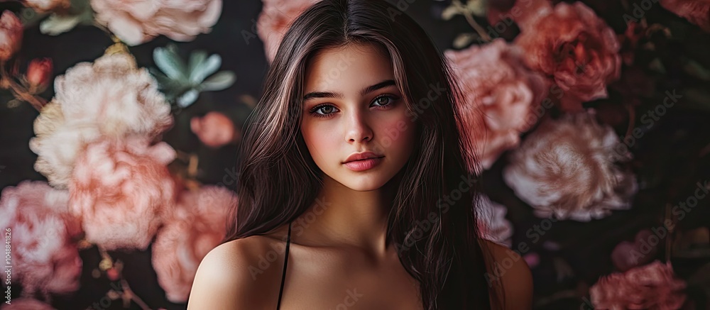 Poster full length portrait of an attractive young brunette woman in a studio against a floral wall backdro