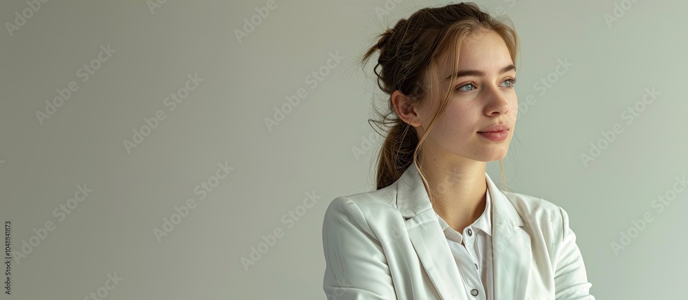 Poster young businesswoman in a white suit. with copy space image. place for adding text or design
