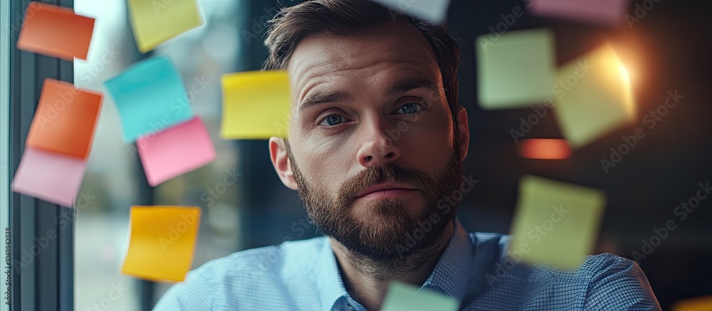 Poster portrait of a successful businessman in his office the man is writing ideas on colorful sticky notes