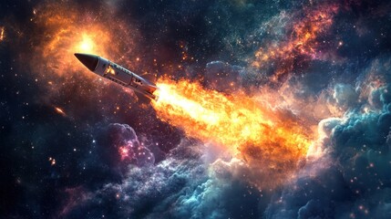 Rocket ignition in space, engines firing as it begins its journey beyond Earth's atmosphere.