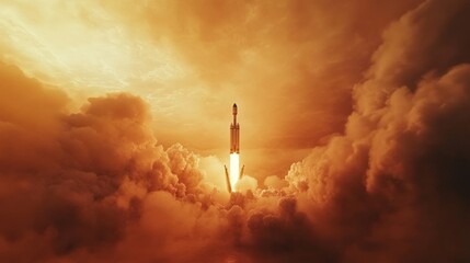 Obraz premium Rocket launching from the pad, surrounded by a thick plume of smoke and fire.