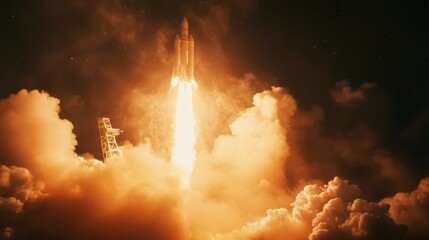 Rocket launching from the pad, surrounded by a thick plume of smoke and fire.