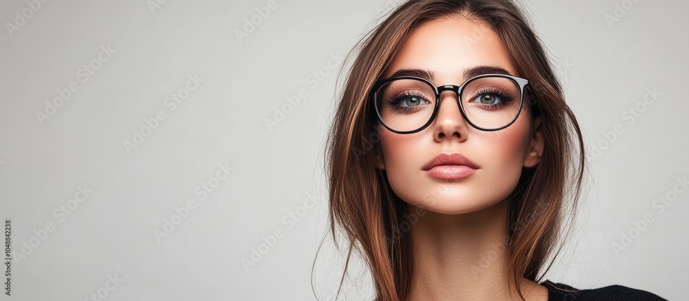 Poster woman against a plain background wearing glasses. with copy space image. Place for adding text or design