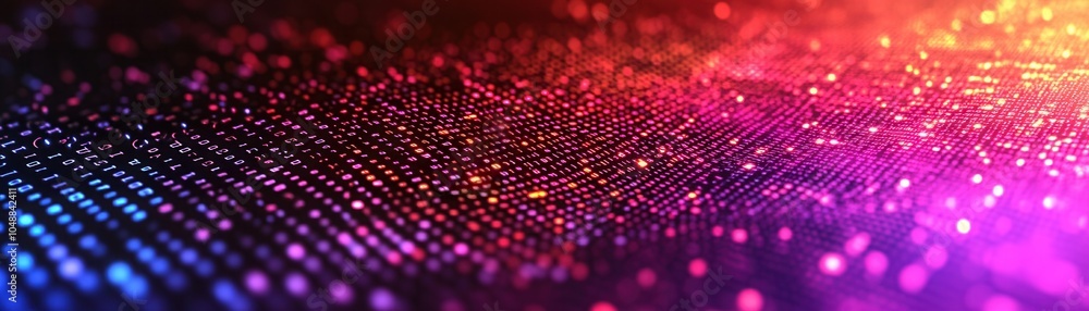 Poster a vibrant abstract pattern showcasing colorful dots and lights, creating a dynamic digital landscape