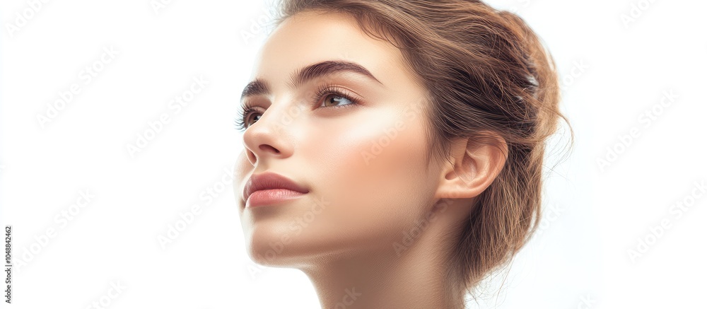 Aufkleber a beautiful thoughtful young woman is looking away while isolated on a white background. with copy s