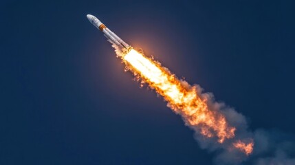 Rocket launch plume of smoke and fire, the spacecraft ascending into the atmosphere.