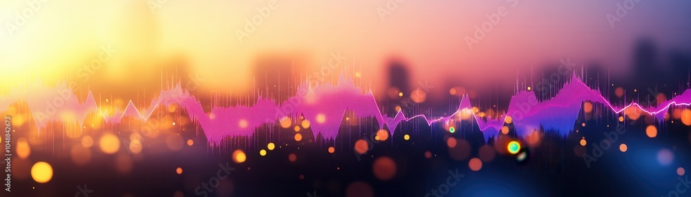Poster a vibrant cityscape with colorful light waves and bokeh effects, creating a stunning visual represen