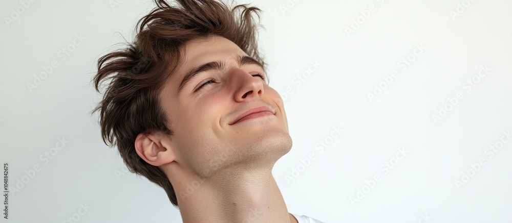 Aufkleber close up portrait of a young man smiling and gazing off to the side against a white background. with