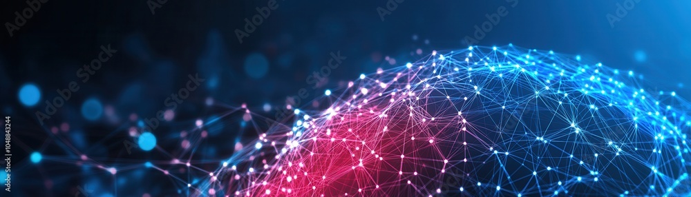 Poster a vibrant digital representation of interconnected nodes and lines, showcasing technology, data, and