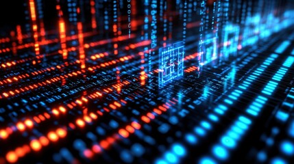 Obraz premium A vibrant digital landscape showcasing abstract data streams in blue and orange, perfect for technology and innovation themes.