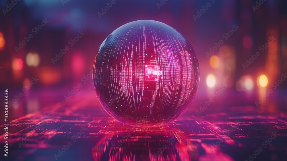 Poster a vibrant digital sphere surrounded by illuminated patterns, showcasing advanced technology and futu