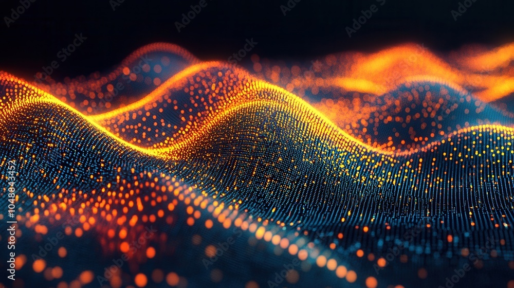 Poster a vibrant digital wave pattern with luminous particles, showcasing a blend of colors and a mesmerizi