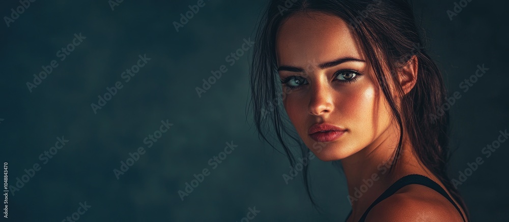Poster Attractive woman in a plain background captured in a studio with soft lighting featuring an intriguing expression and dramatic light effects. with copy space image. Place for adding text or design