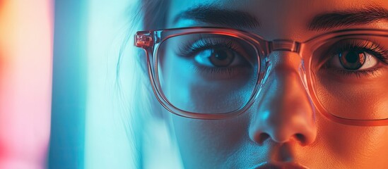woman with an eye focus box detail over glasses and line interface. with copy space image. Place for adding text or design