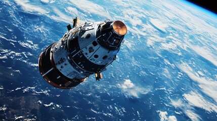 Fototapeta premium Spacecraft ascending in space, the curvature of Earth visible below as it climbs.