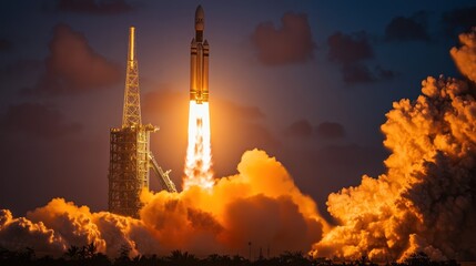 Obraz premium Spacecraft launching from the ground, engines firing and smoke trailing behind.