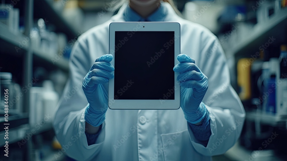 Poster scientist in a lab coat holding a tablet with a blank screen in front of a shelf of chemicals.