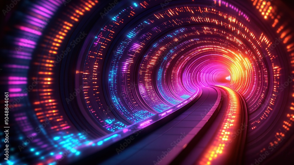 Poster a vibrant tunnel with dynamic light patterns creating a mesmerizing visual experience that evokes a 
