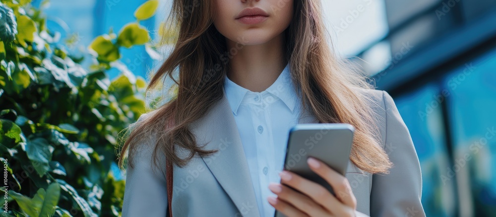 Poster close up portrait of a businesswoman holding a cell phone outdoors. with copy space image. place for